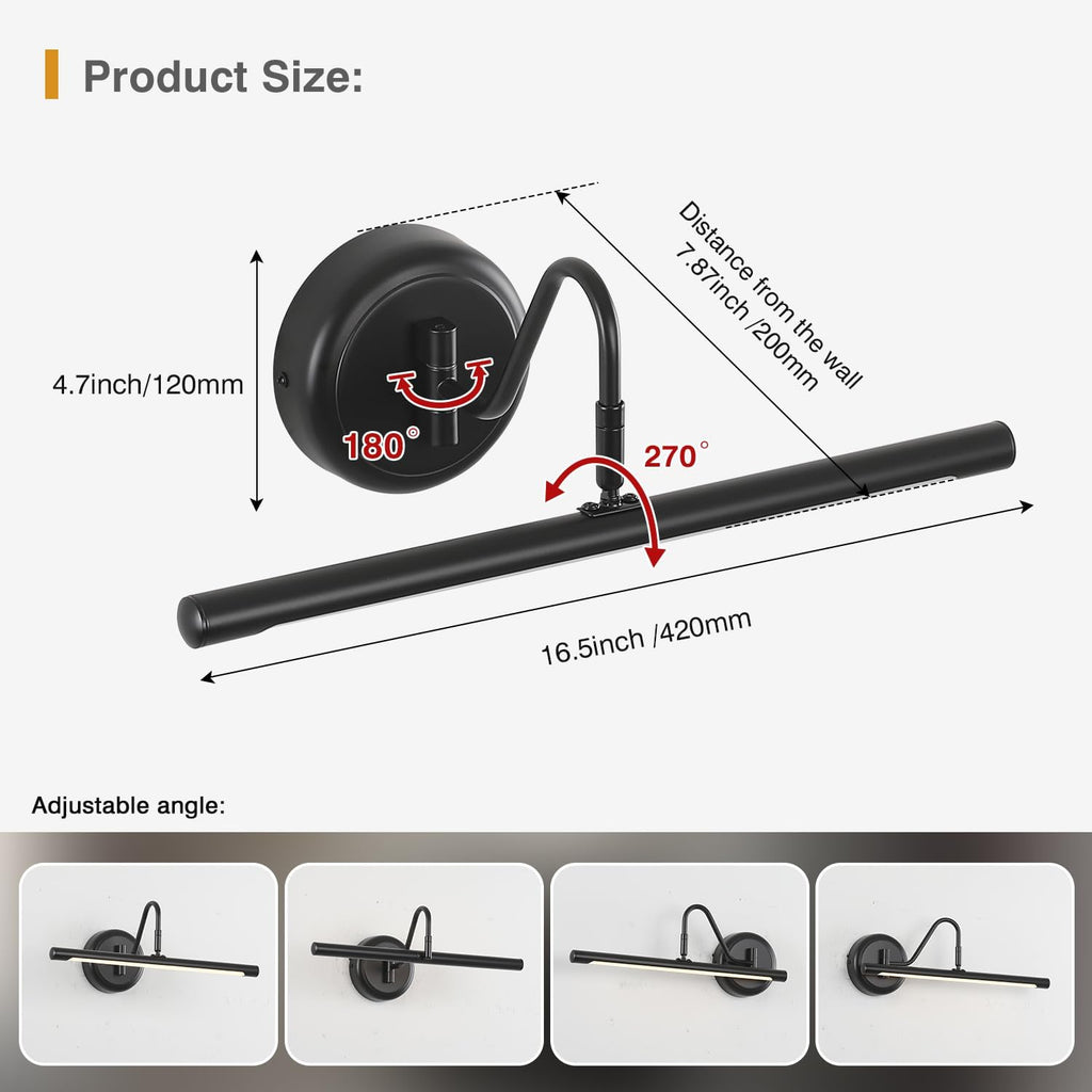 JOOSENLUX Picture Lights for Paintings Hardwired 16.5" Inch Long Dimmable Black Wall Lights with Adjustable Lighting Direction 110V 3000K