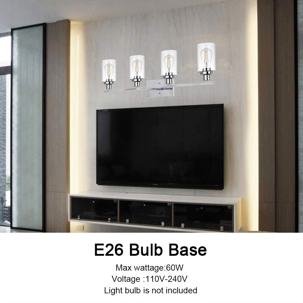 MELUCEE 4-Light Bathroom Lighting Fixtures with Clear Glass Shade Chrome Finish, Modern Vanity Light Wall Mount Lamp for Bedroom Dressing Table Mirror Cabinets Vanity Table (Patent No.: US D963914 S)