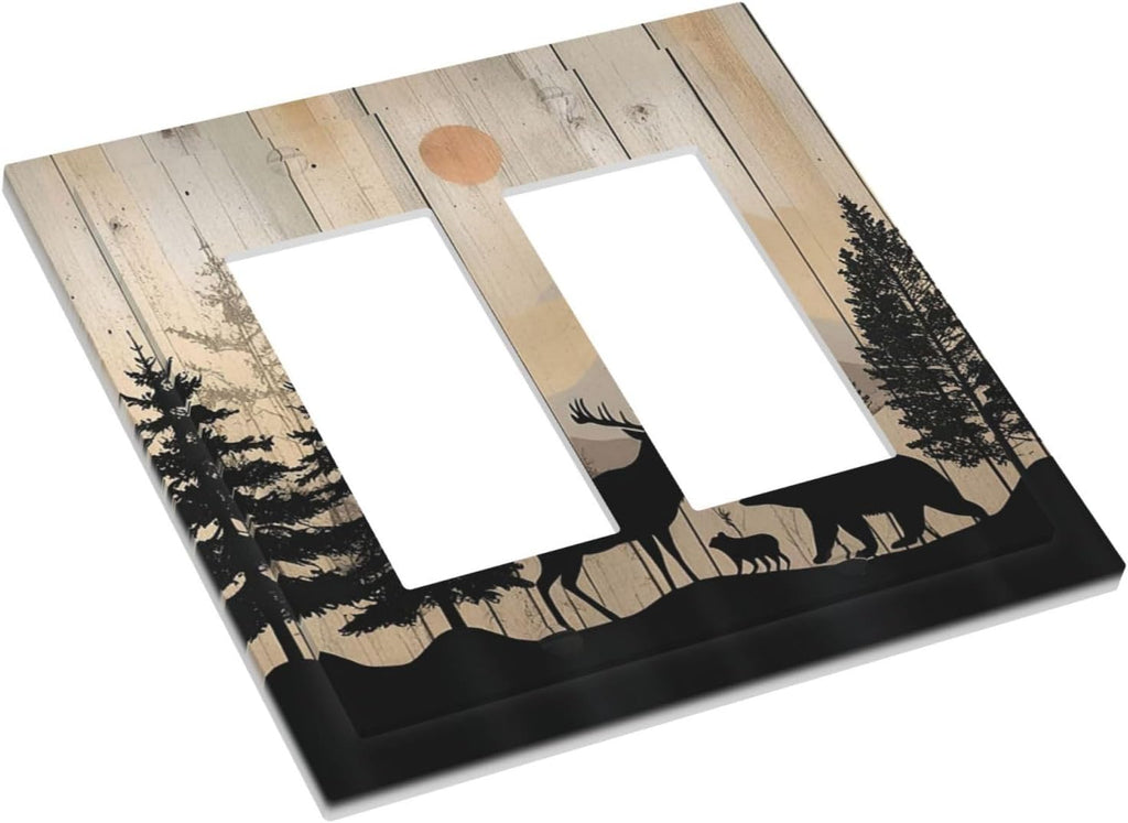 Decorative Outlet Covers Wood Board Wildlife Cute Bear Deer Forest Rustic 2 Gang Double GFCI Rocker Electrical Wall Panels Light Switch Cover Plate for Bathroom Farmhouse Decor