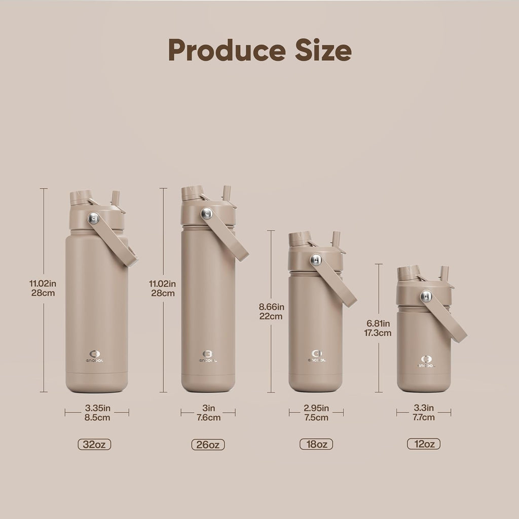 ENCOOL Insulated Water Bottle with Straw Stainless Steel Water Bottle, Leak-Proof, BPA-Free, Double Wall Vacuum Keeps Cold for 24 Hours for Sports, Travel, School (26 oz, Raw Umber)