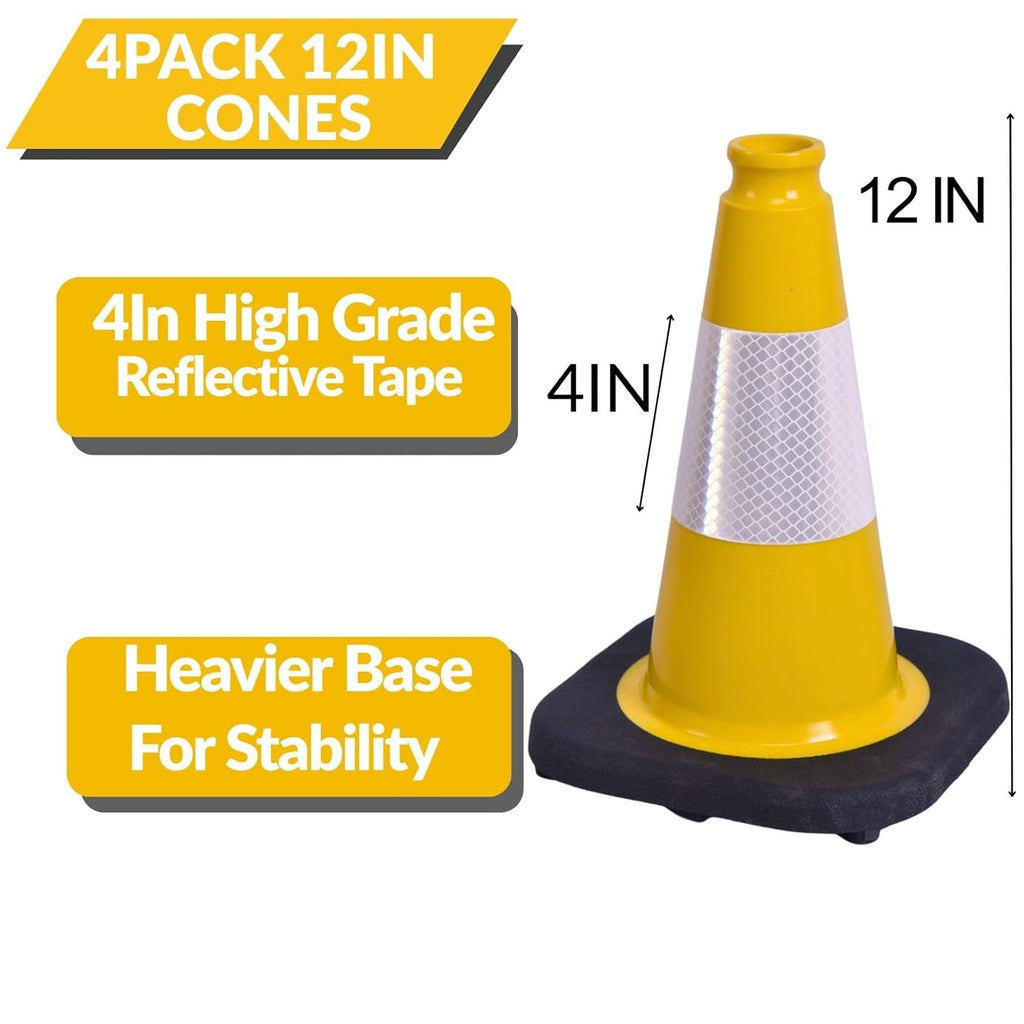 BESEA 4Pack 12 Inch Yellow Traffic Cones with 4 Inch Reflective Collar, Heavy Duty PVC Safety Cones with 8.5 x 8.5 Inch Base for Parking, Driving Practice, Sports Training, and Construction