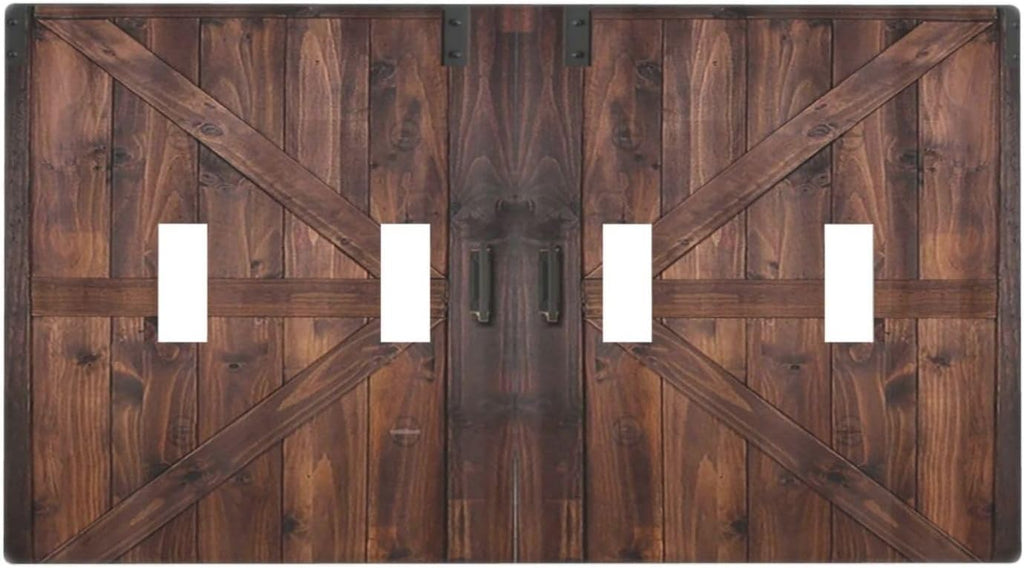 Decorative Light Switch Cover Plate Vintage Brown Farmhouse Barn Door 4 Gang Wall Plates for Electrical Outlets Quad Toggle Switch Plate Covers Outlet Covers Faceplate for Bedroom Home Decor