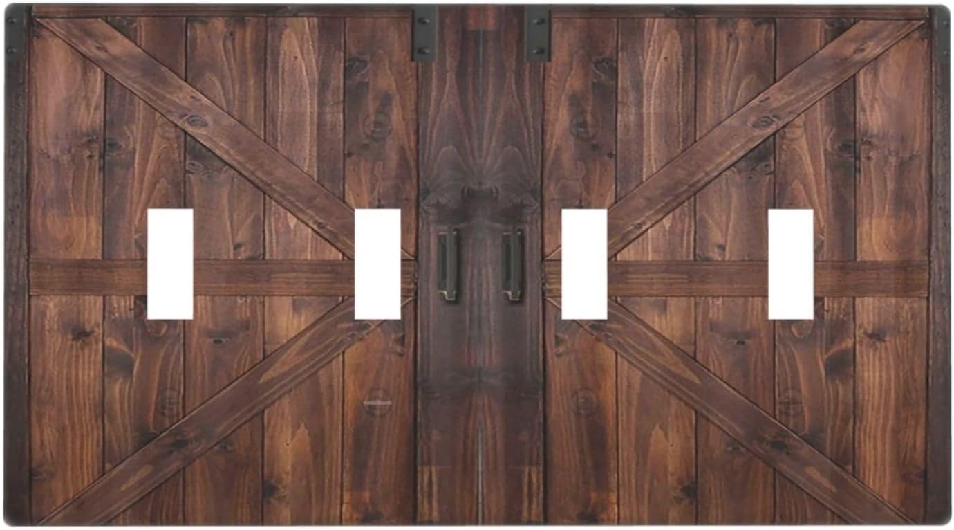 Decorative Light Switch Cover Plate Vintage Brown Farmhouse Barn Door 4 Gang Wall Plates for Electrical Outlets Quad Toggle Switch Plate Covers Outlet Covers Faceplate for Bedroom Home Decor