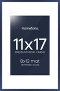 Homeforia 11x17 Picture Frame Navy Blue, High End Metal 11x17 Poster Frames with Mat 8x12 Photo, 11 x 17 Navy Blue Frames Matted to 8 by 12 Print, 17x11 Thin Frames, Tempered Glass, Wall Kit, Set of 1
