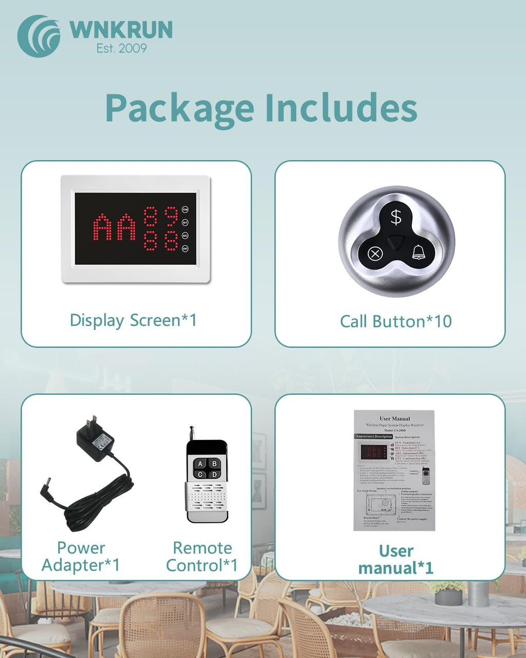 Wireless Calling System Call Waiter Restaurant Pager System with 1 Number Display and 10 3-Key Waterproof Call Buttons for Restaurant Bar Cafe Customer Service