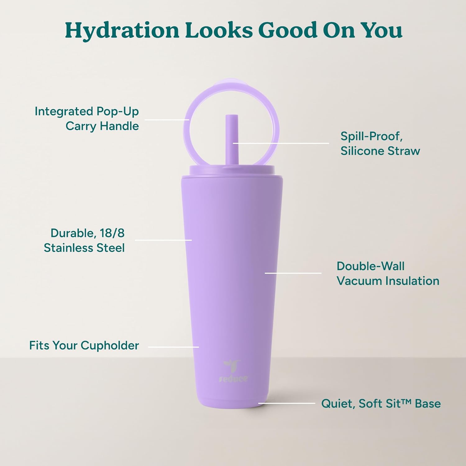 REDUCE Halo 32 oz Stainless Steel Vacuum Insulated Tumbler - Spill Proof Travel Mug with Flip Handle Lid - Keeps Drinks Cold for 32 Hrs - Dishwasher Safe - Cupholder Friendly - Purple Punch