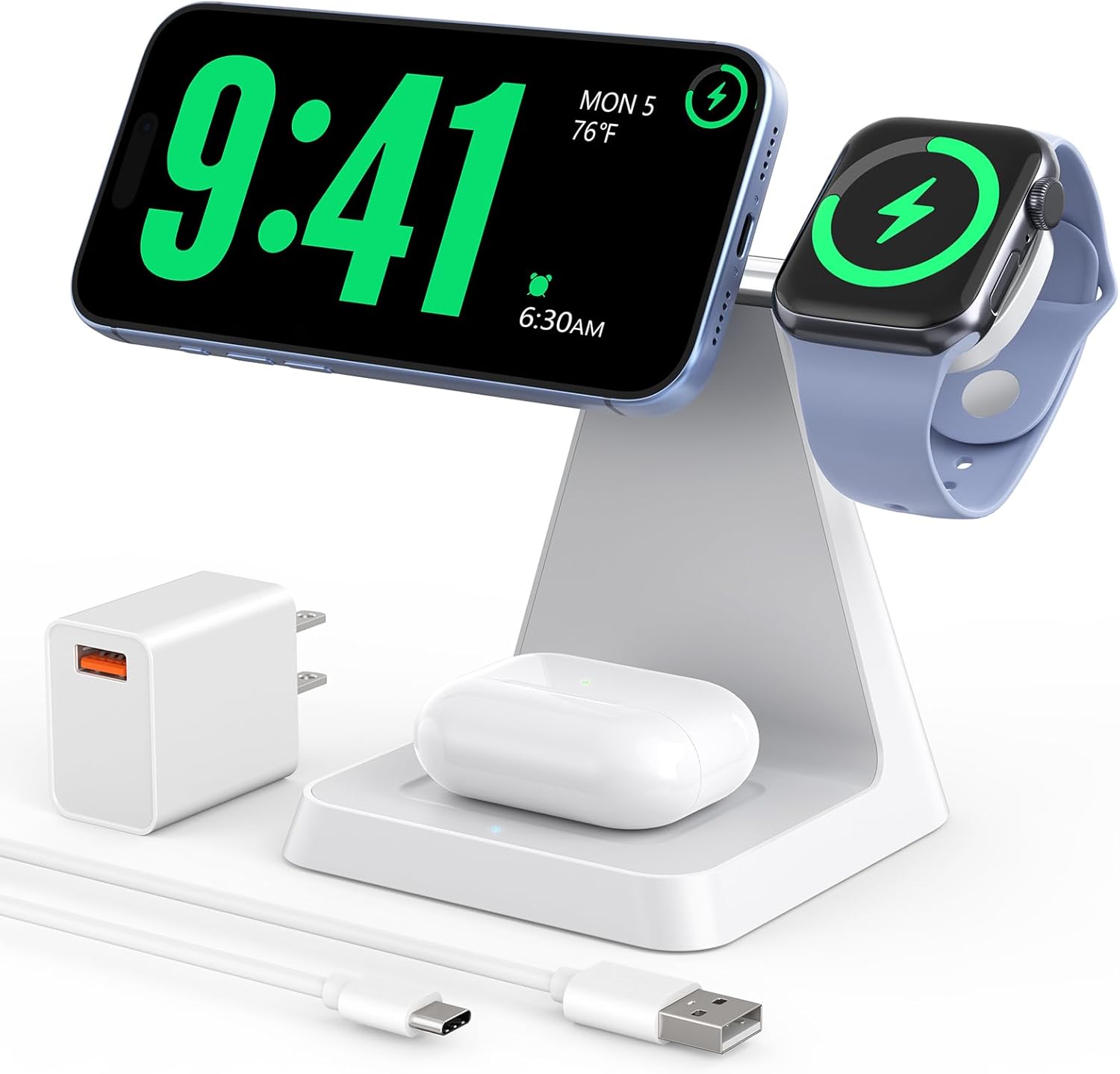 Charging Station for Multiple Devices Apple: 3 in 1 Magnetic Wireless Charger Stand for MagSafe-Compatible Nightstand Charging Dock for iPhone 17 16 15 14 13 12 Pro Max Plus Apple Watch Airpods