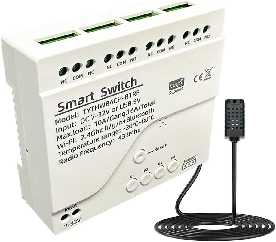 Tuya 4CH WiFi Switch 7-32V Smart Temperature and Humidity Sensor, Dry Contact, Remote Application Control and Monitoring Function, Voice Control, Smart Scene, Compatible with Alexa and Google Home