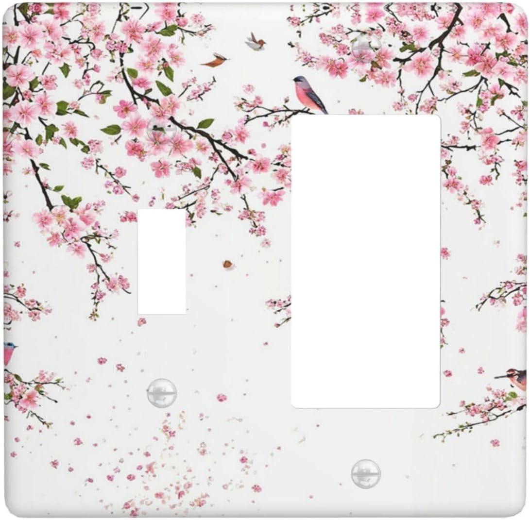 Decorative Outlet Covers Rustic Plum Blossom Pink Flowers 2 Gang Wall Plate Single Toggle 1 Rocker Light Switch Cover Switch Plate Covers Faceplate for Home Bedroom Decor