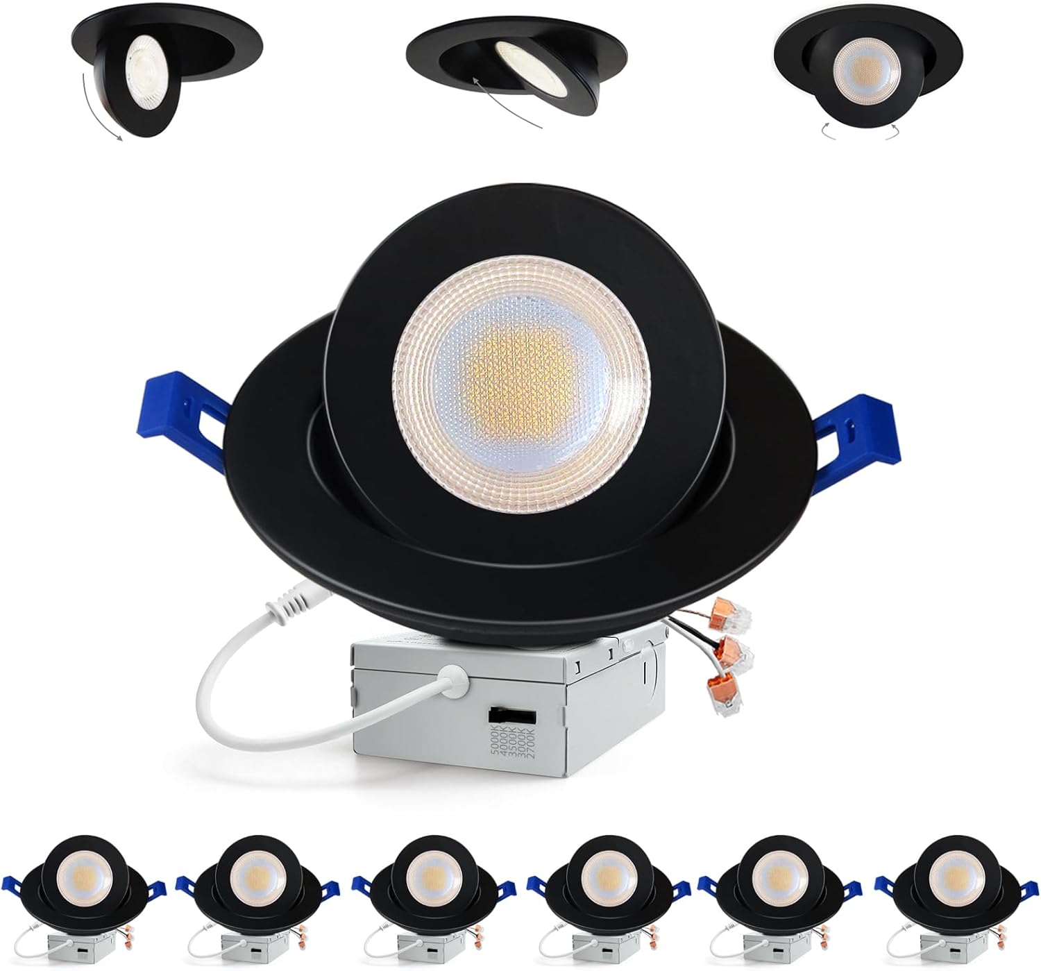 Adetu Led Recessed Lighting 6 inch, 360°+90° Adjustable Directional Gimbal 6 inch Led Recessed Light, 2700K-5000K 5CCT Dimmable Retrofit Eyeball Can Recessed Lights with Jbox, ET (Black,6 Pack)