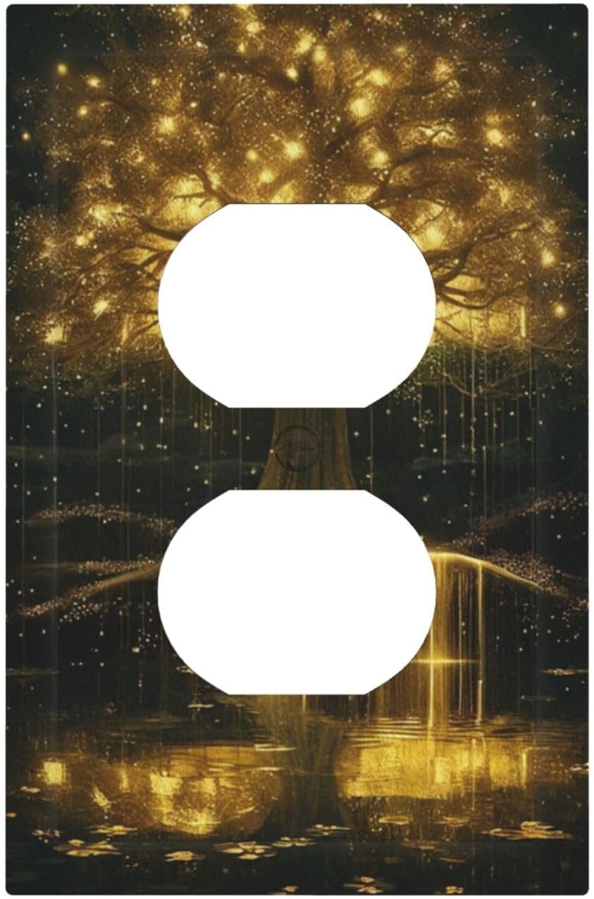 Decorative Outlet Covers Golden Shining Fantasy Kabbalah Tree of Life 1 Gang Duplex Light Switch Cover Plate Unique Wall Plate Electrical Switch Plate Covers for Bedroom Home Decor