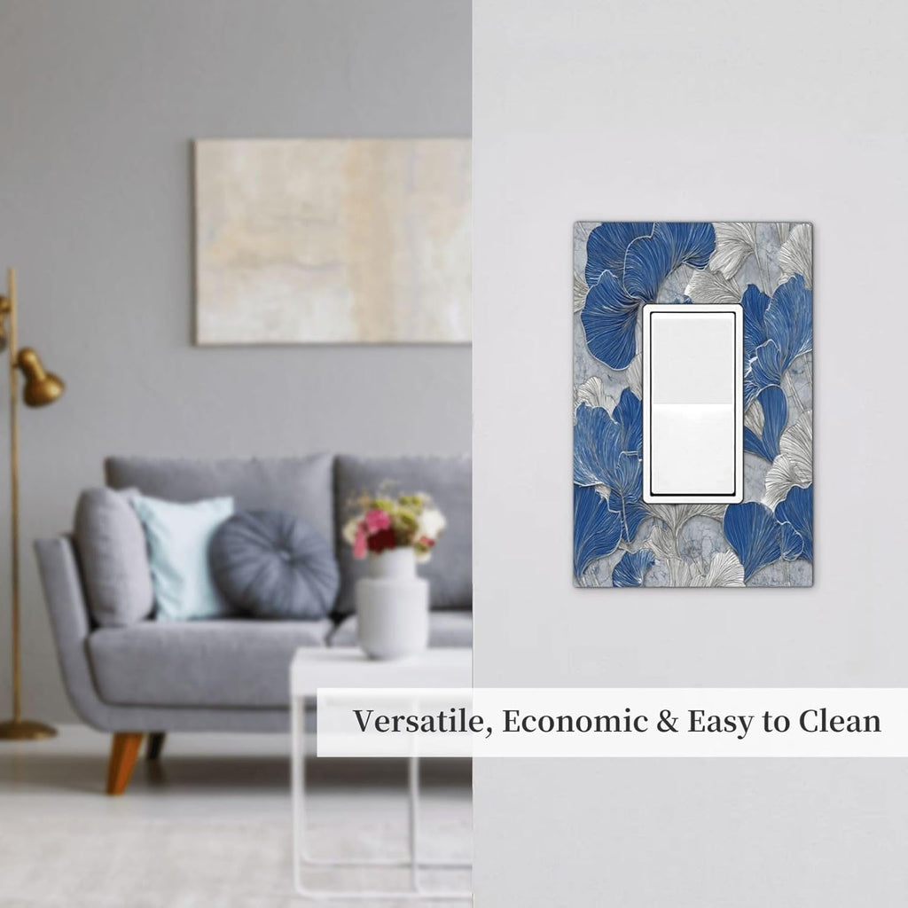 Abstract Blue Marble Plant Leaves 1 Gang Single Rocker Decorative Light Switch Covers Electrical Faceplate Switch Plates for Bathroom Kitchen Home