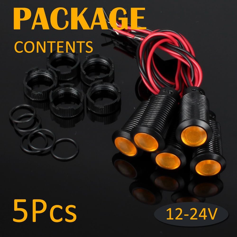5pcs 12mm 12V-24V LED Indicator Light Plastic Black Signal Dot Lamp 12V-24V 1/2 inches Mounting Hole Size with 15cm/5.9in. Wire (Yellow LED)