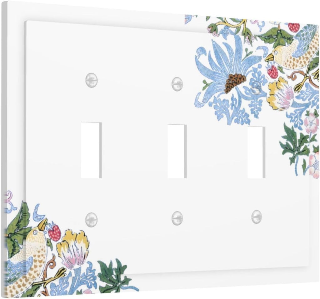 Decorative Light Switch Cover Plate Retro Morris Strawberry Rustic Plant Bird 3 Gang Wall Plate Oversized Triple Toggle Switch Cover Plate Jumbo Faceplate for Bedroom Decor