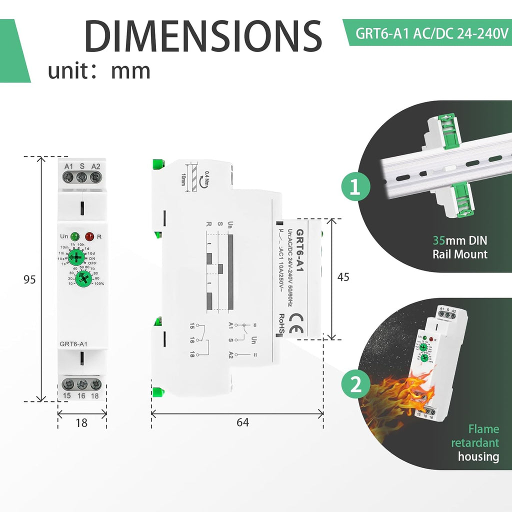 Delay On 10A Timer Relay, 24V Time Relay GRT6 A1 Voltage Range AC DC 24V to 240V DIN Rail Electronic Relays of Wide Time Delay Range for 0.1 Seconds to 10 Days