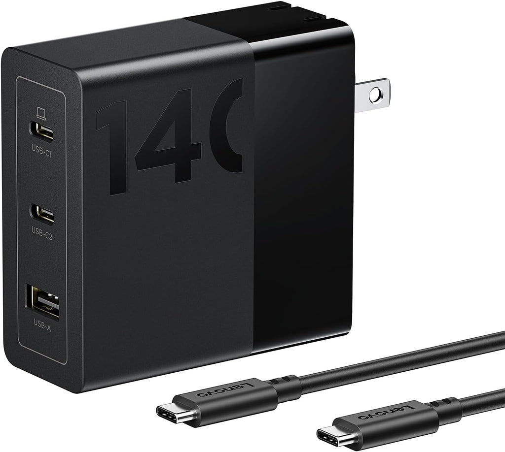 Lenovo 140W USB C Charger, GaN Power Adapter with 3-Port Fast Charging, PD 3.1 Compatible, Black, for ThinkPad, MacBook, iPhone, Samsung Galaxy, with 240W Cable