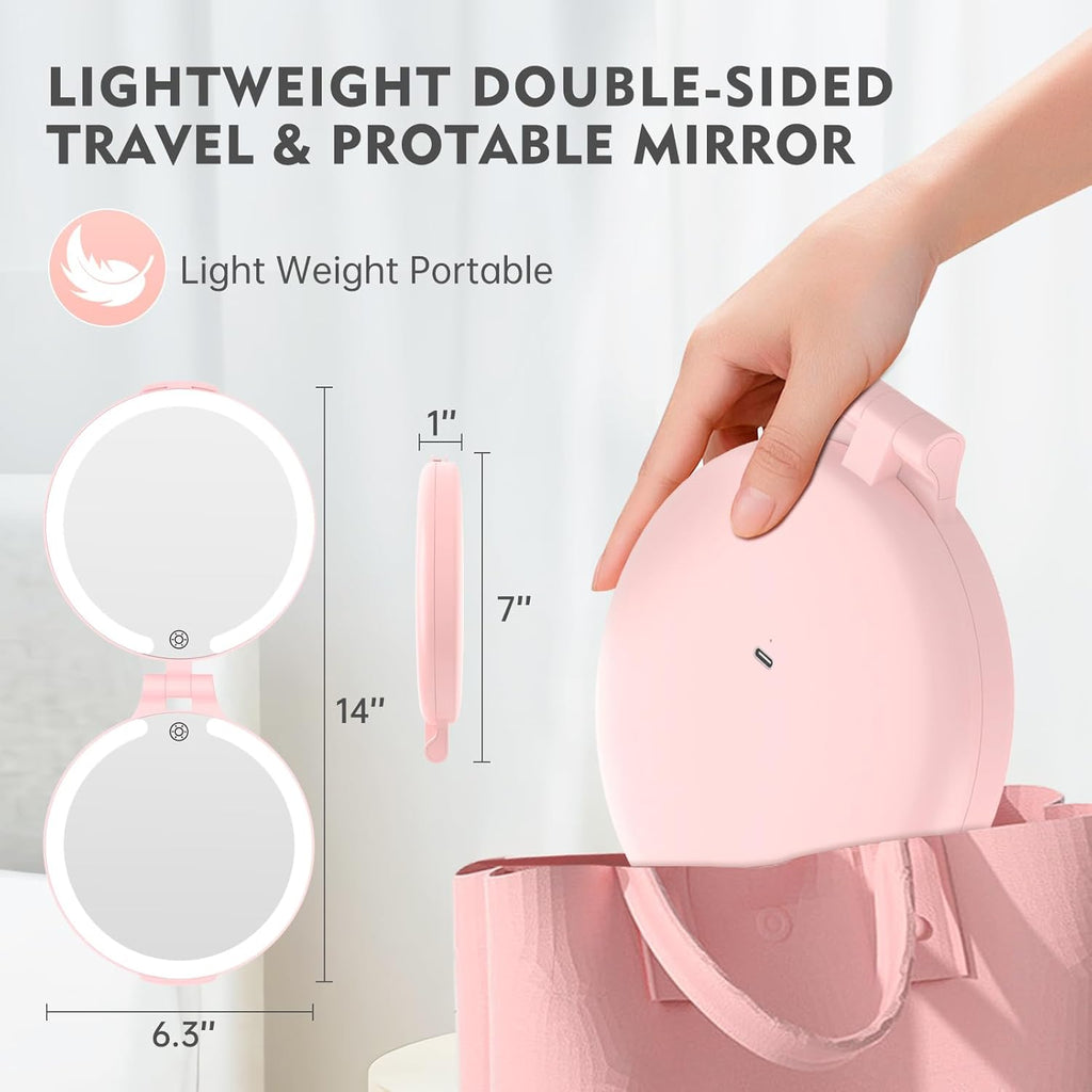 FUNTOUCH Travel Mirror with Light, 10X 1X Double Sided Magnification Rechargeable Mirror for Women Girls with 3 Color Setting Adjustable Rotation LED Vanity, Pink