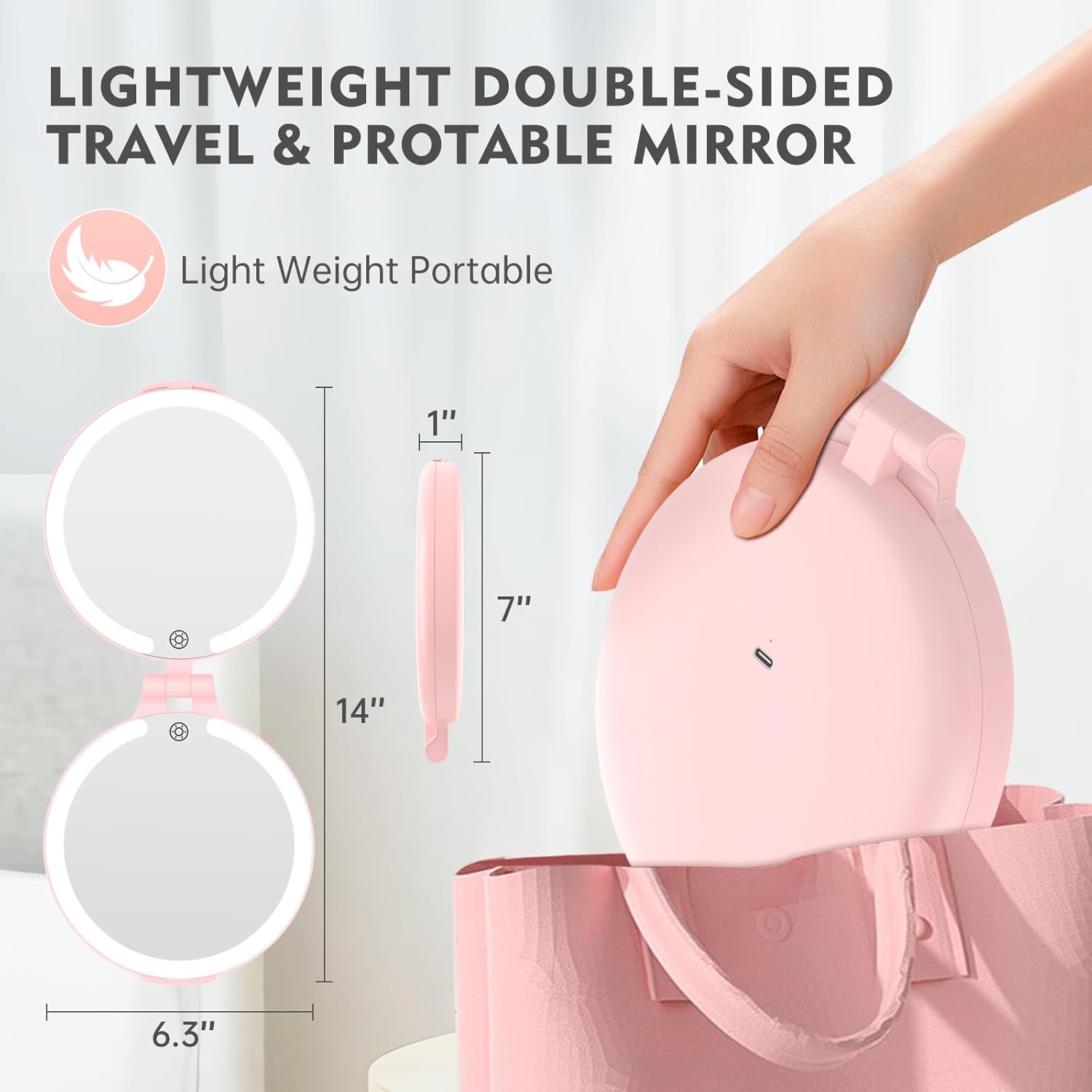 FUNTOUCH Travel Mirror with Light, 10X 1X Double Sided Magnification Rechargeable Mirror for Women Girls with 3 Color Setting Adjustable Rotation LED Vanity, Pink