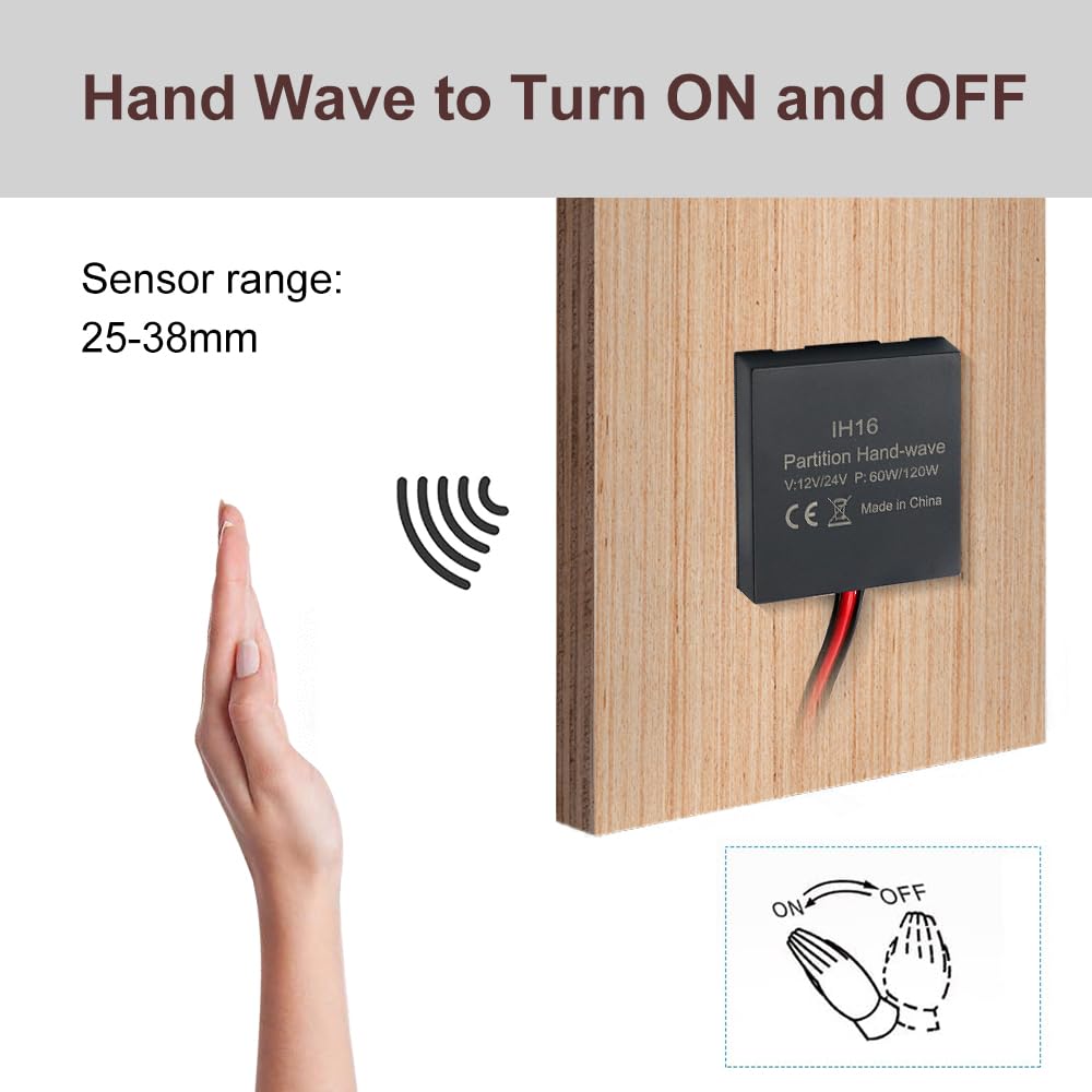 VST Sensor Switch, Hidden Hand Wave Activated Led Light Switch for Closet Lights, Under Cabinet Lighting, with 12V JST Male and Female Connectors（DC 12/24V 3A