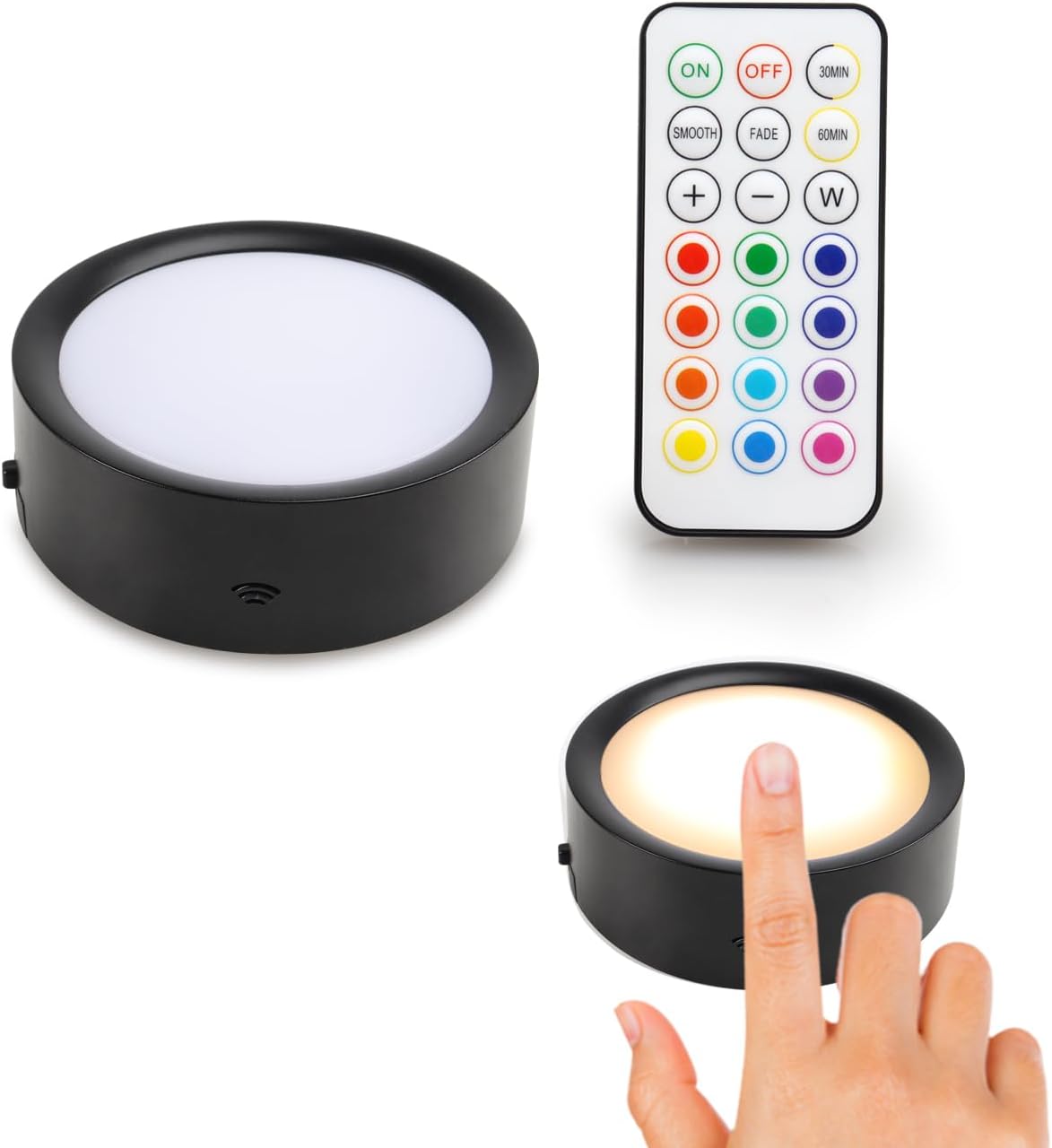 DAMI Under Cabinet Lighting with Remote Control, Rechargeable Battery Operated Wireless Shelf Light, Stick on Tap, Color Changing Magnetic Puck Lights for Kitchen, 2 Pack, Black