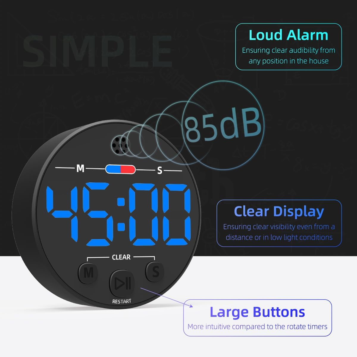 Visual Digital Timer for Kitchen, Classroom, Kids, Productivity, Magnetic Countdown Timer for Egg Cooking, Toddler, Focus, Work, Task, Small Desk with Large LED Display, Super Loud Alarm - Blue