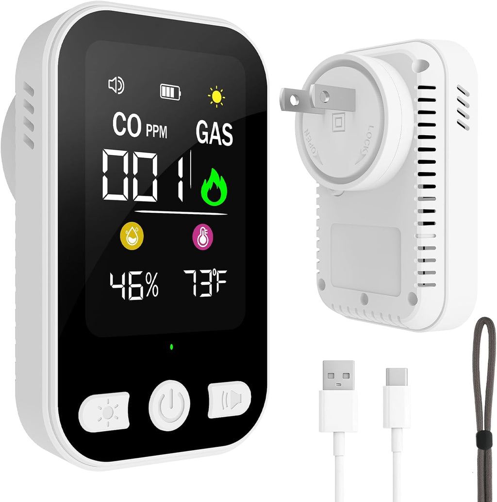 4-in-1 Upgraded Natural Gas Leak Detector, Plug-in Carbon Monoxide Detectors, CO & Gas Detector with Temperature & Humidity, Portable Gas Leak Detector for Home, Kitchen, RV, Travel