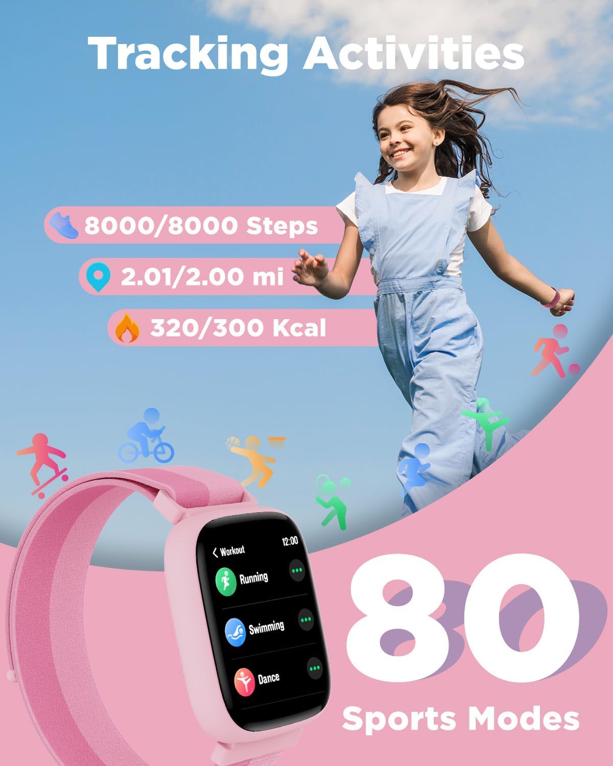 BIGGERFIVE Smart Watch for Kids, 1.8" Fitness Tracker Watch Pedometer, Heart Rate, IP68 Waterproof, Sleep Monitor, Calorie Step Counter, 5 Puzzle Games with/Without APP for Girls Teens 5-16, Nylon