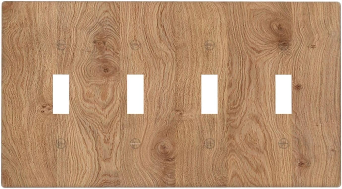 Light Switch Covers Vintage Rustic Wood Color Brown Wood Grain Quad Toggle 4 Gang Wall Plate Electrical Faceplate Decorative Switch Plates for Farmhouse Cabin Decor