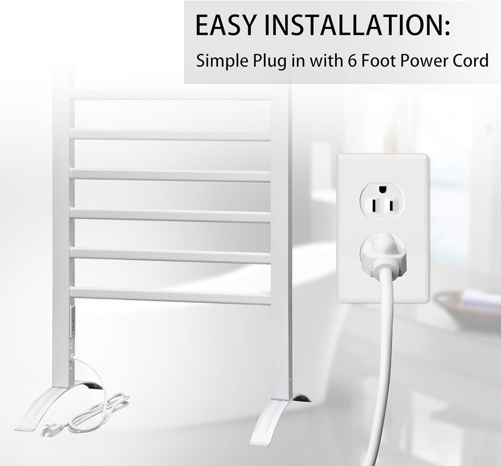 KEG Towel Warmer 8 Bars for Bathroom Freestanding or Wall Mounted Bath Towel Heater Plug-in with Built-in Timer Silver