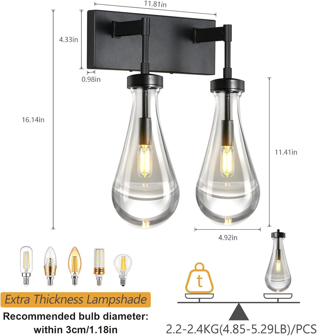 Raindrop Wall Sconces Black Crystal Sconces Wall Decor Modern Brass Lighting Glass Bathroom Sconces Indoor Vanity Light Wall Lamp for Bedroom Living Room Stair(2-Light)