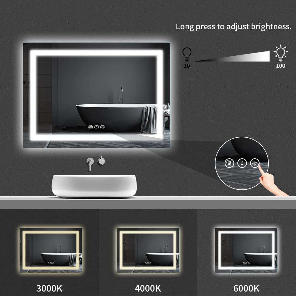 Amorho LED Bathroom Mirror, 48"x 32" with Front and Backlight, Stepless Dimmable Wall Mirrors with Anti-Fog, Shatter-Proof, Memory, 3 Colors, Double LED Vanity Mirror