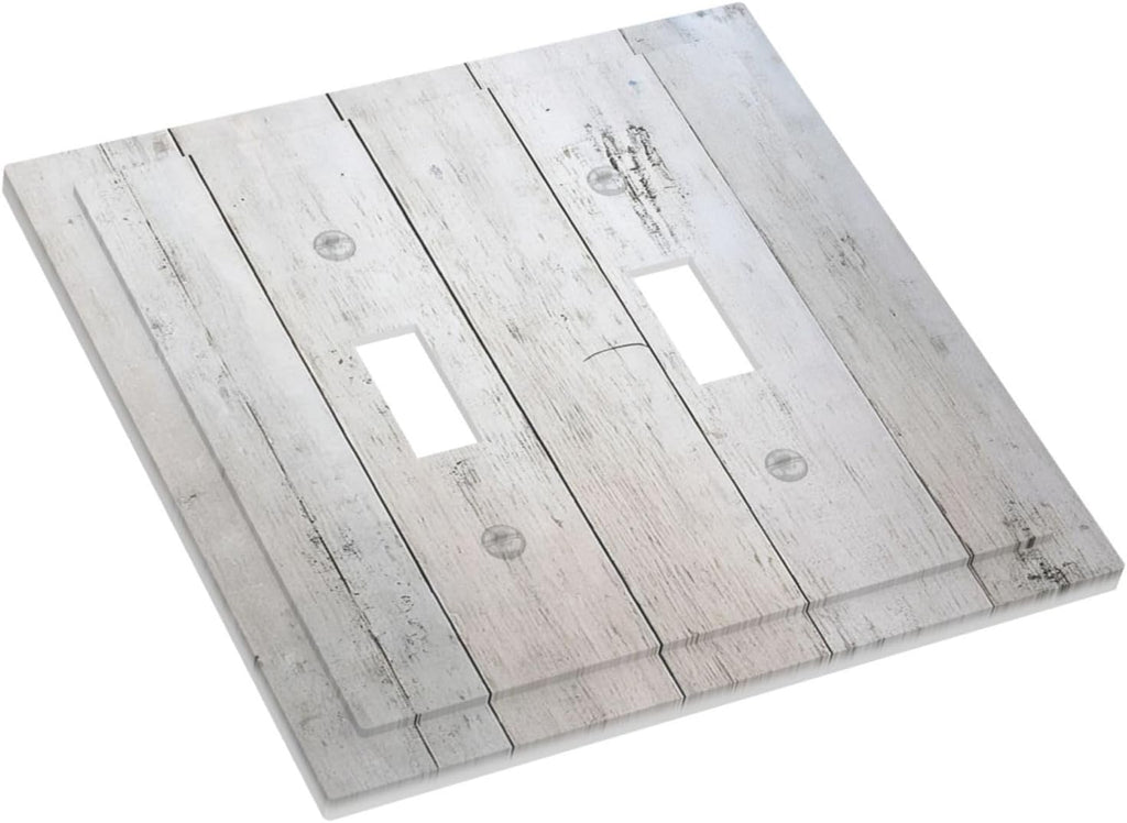 Rustic White Grey Wood Grain Decorative Switch Plates 2 Gang Double Toggle Outlet Light Switch Cover Wall Plate Electrical Faceplate for Bedroom Bathroom Decor
