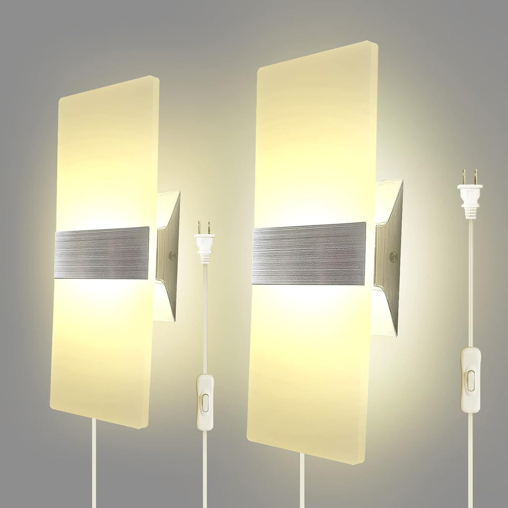 KICAAO Wall Sconces, Modern Wall Sconce Plug in 10W 6000K Cool White Acrylic Wall Lights with 6FT/180cm Plug in Cord and On/Off Switch on The Cord (Warm White 2700K 2Pack)