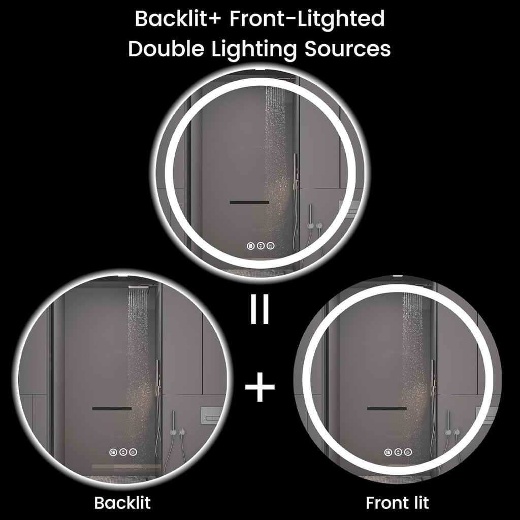 Round LED Bathroom Mirror with Lights, Backlit & Front Lighted, Wall-Mounted Vanity Mirror 3000K/4000K/6000K, Memory Functions, Anti-Fog, Dimmable Smart Mirror (Round 30" x 30")