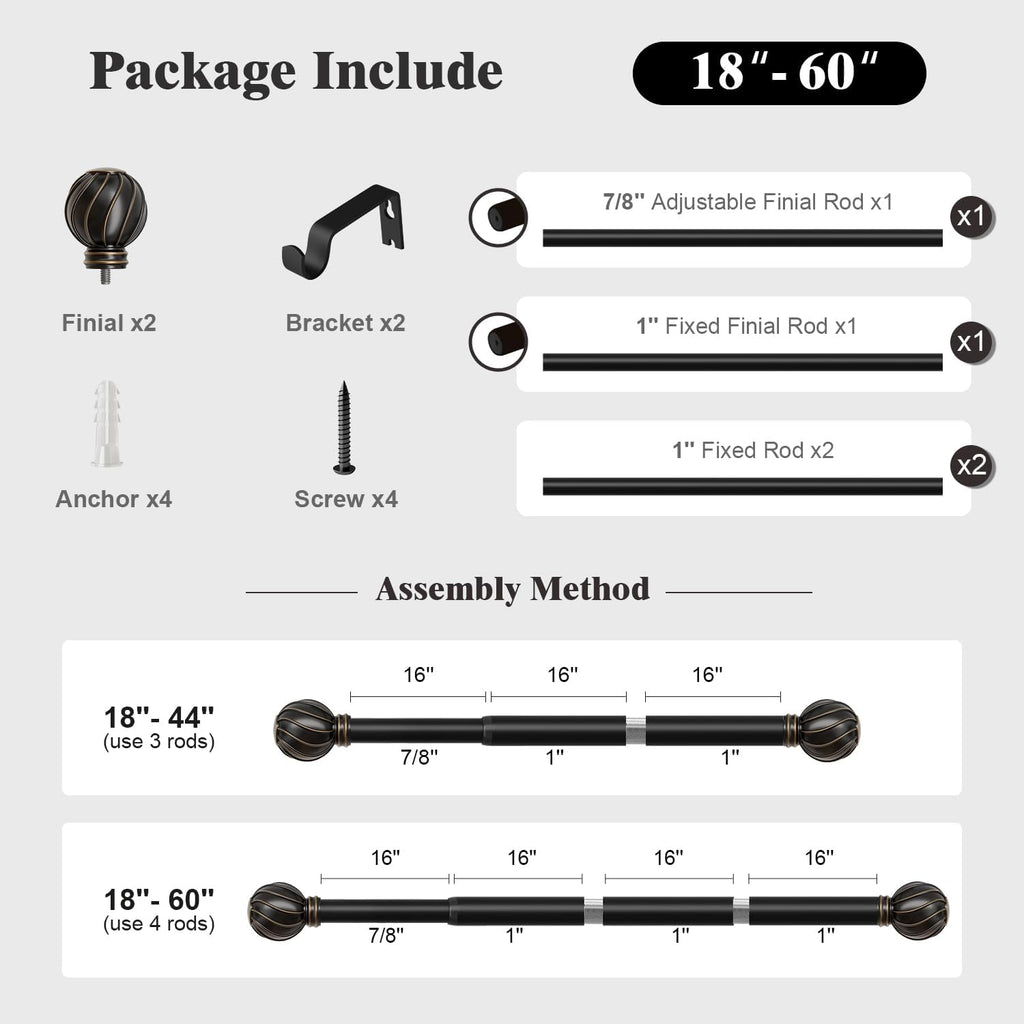Oneach Black Curtain Rods for Windows 28 to 48 Inch, 7/8" Adjustable Heavy Duty Decorative Drapery Rods with Round Netted Texture Finials (Pack of 1, 18 to 60 Inch)