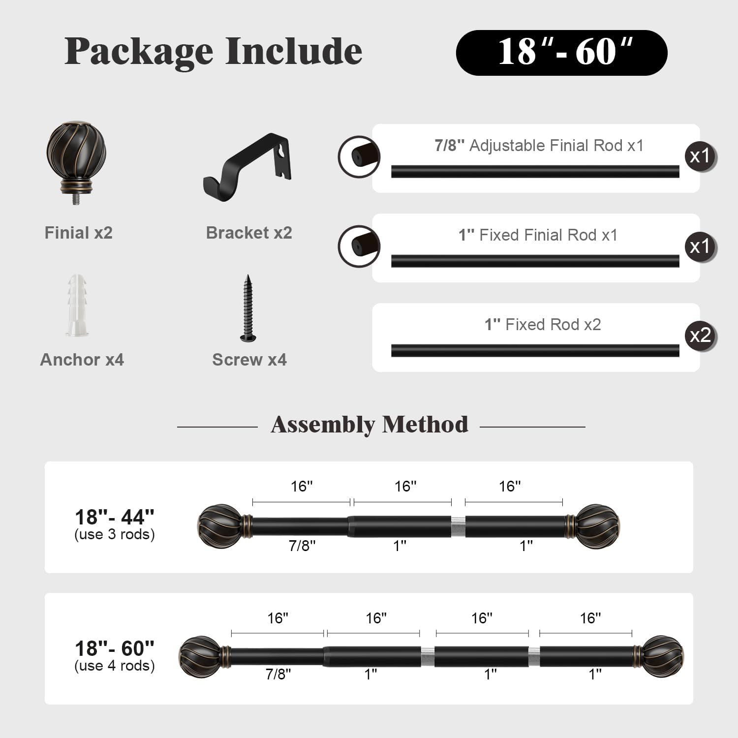 Oneach Black Curtain Rods for Windows 28 to 48 Inch, 7/8" Adjustable Heavy Duty Decorative Drapery Rods with Round Netted Texture Finials (Pack of 1, 18 to 60 Inch)