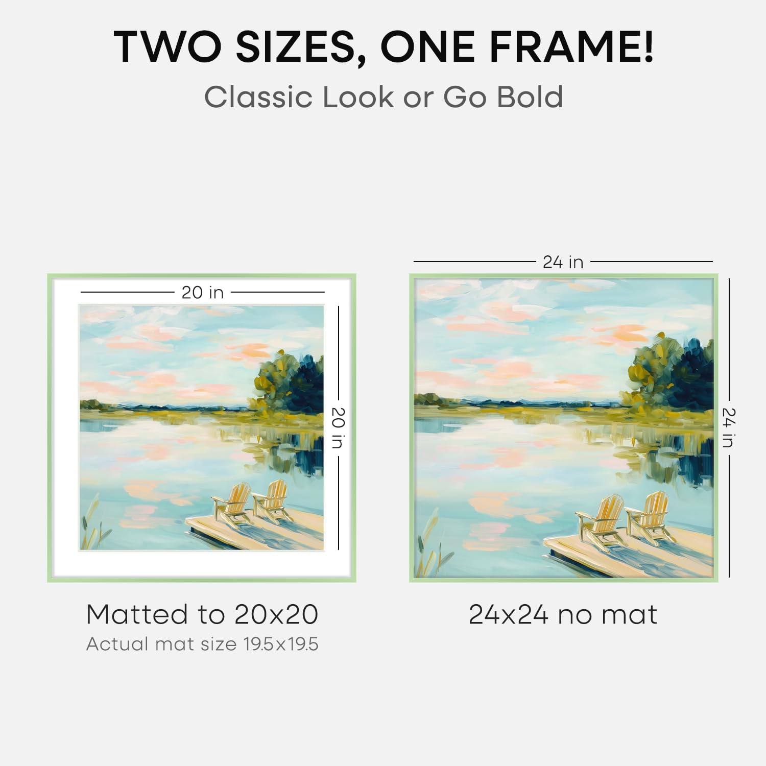 Homeforia 24x24 Picture Frame Sage Green, High End Metal 24 x 24 Large Square Poster Frames with Mat 20 by 20 inch Photo, 24by24 Thin Frames Matted to 20x20 for Art, Tempered Glass, Wall Kit, Set of 2