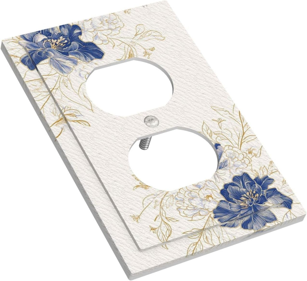 Decorative Outlet Covers Rustic Blue Flower Floral Gold Leaf 1 Gang Duplex Light Switch Cover Plate Unique Wall Plates for Electrical Outlets Switch Plate Covers for Bedroom Home Decor