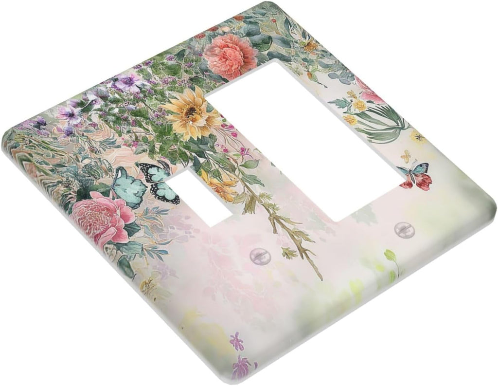 Rustic Floral Watercolor Flower Blossom Butterfly 2 Gang Combo 1 Toggle 1 Rcoker Light Switch Covers Decorative Switch Plates Electrical Switch Plates and Outlet Covers for Home Art Decor 4.5 X 4.5 IN