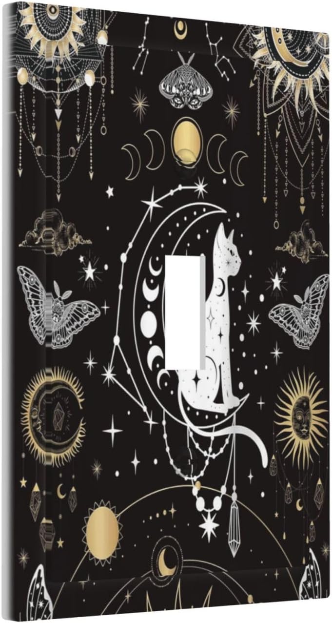 White Cat Tarot Moon Phases Moth Celestial Gothic Decorative Light Switch Cover 1 Gang Single Toggle Device Electrical Faceplate Switchplates Decorator Outlet Wall Plate for Kids Room Bedroom Decor