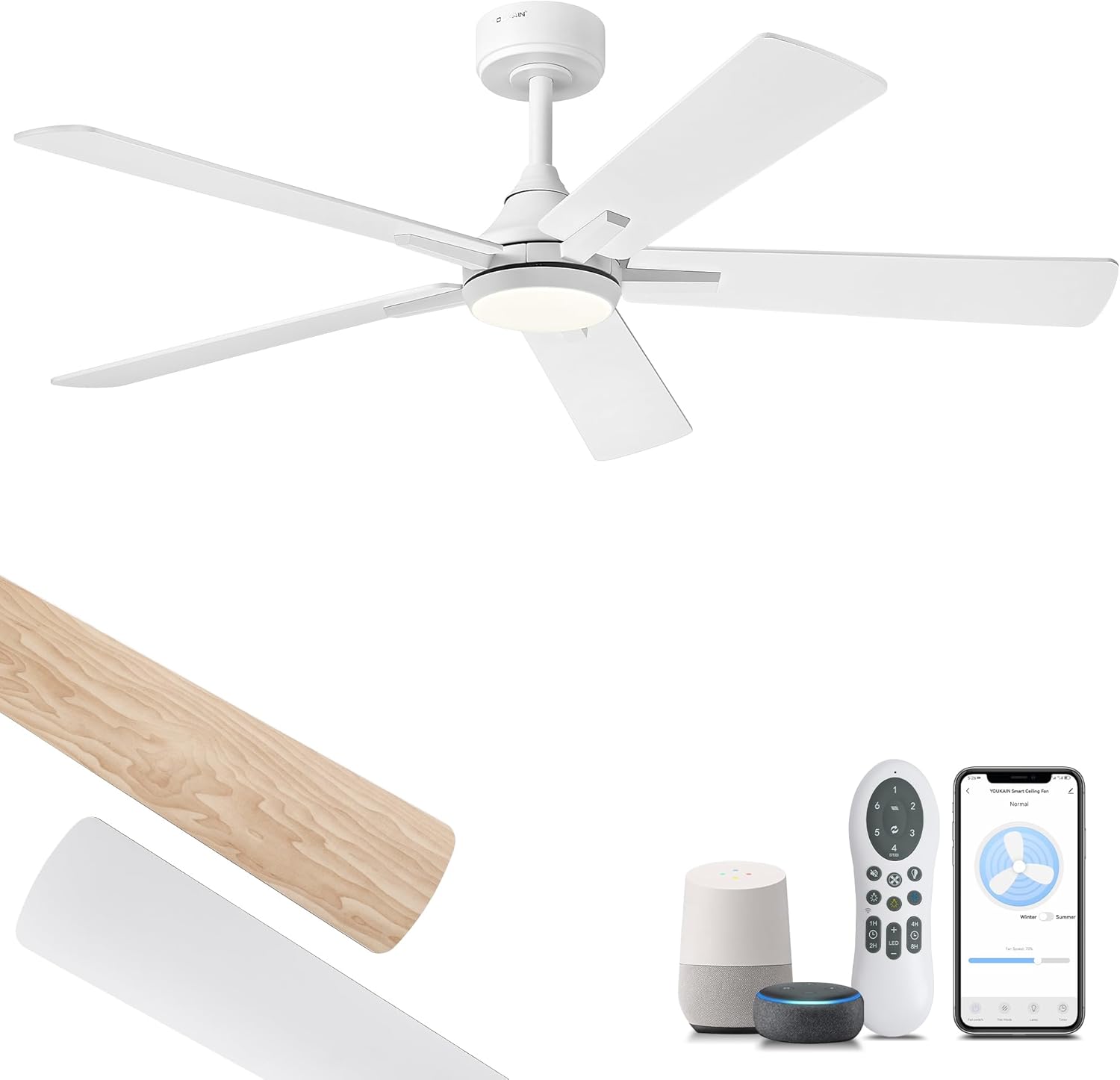 YOUKAIN Ceiling Fans with Lights, 52 Inch White Ceiling Fans, Bedroom Ceiling Fan with Remote & APP Control, Reversible Blades, LED Ceiling Fan for Cover Outdoor Living Room, 52-YJ812-WH