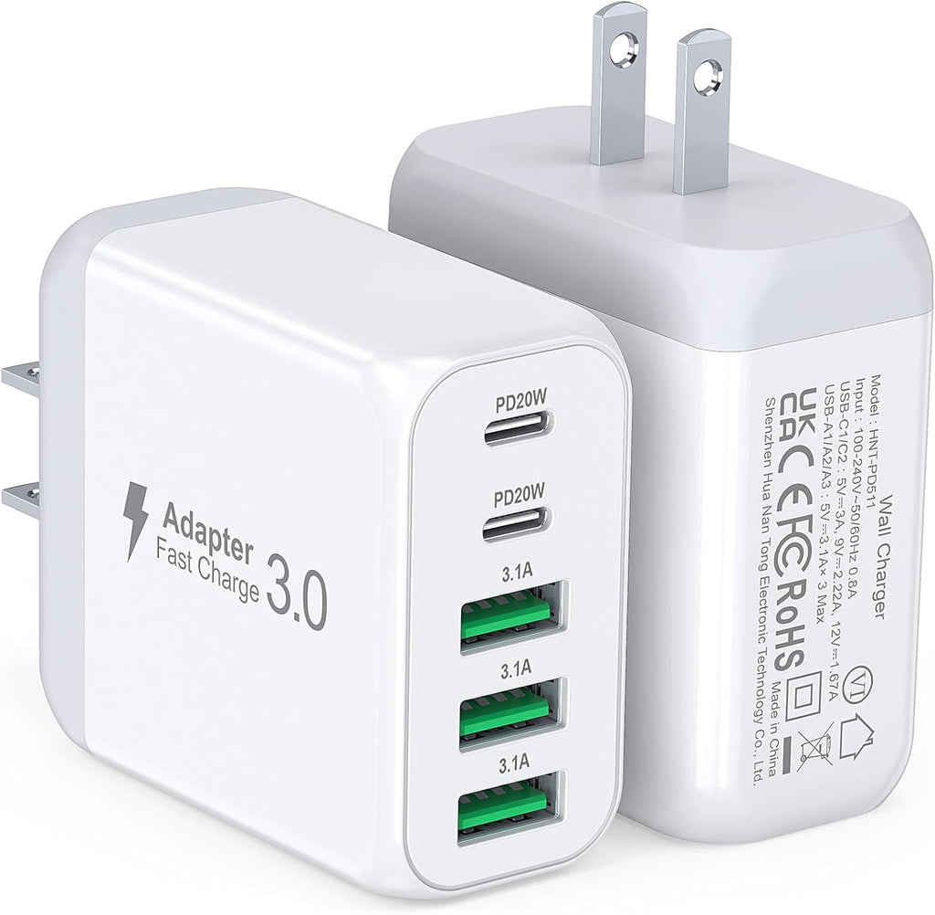 USB C Wall Charger Block, 2Pack 60W 5-Port C Charger Fast Charging Block PD Power Adapter +QC 3.0 Multiport Type C Box Brick Cube USB A Wall Plug for iPhone 15/16/17 Pro Max Plus, iPad,Samsung Galaxy