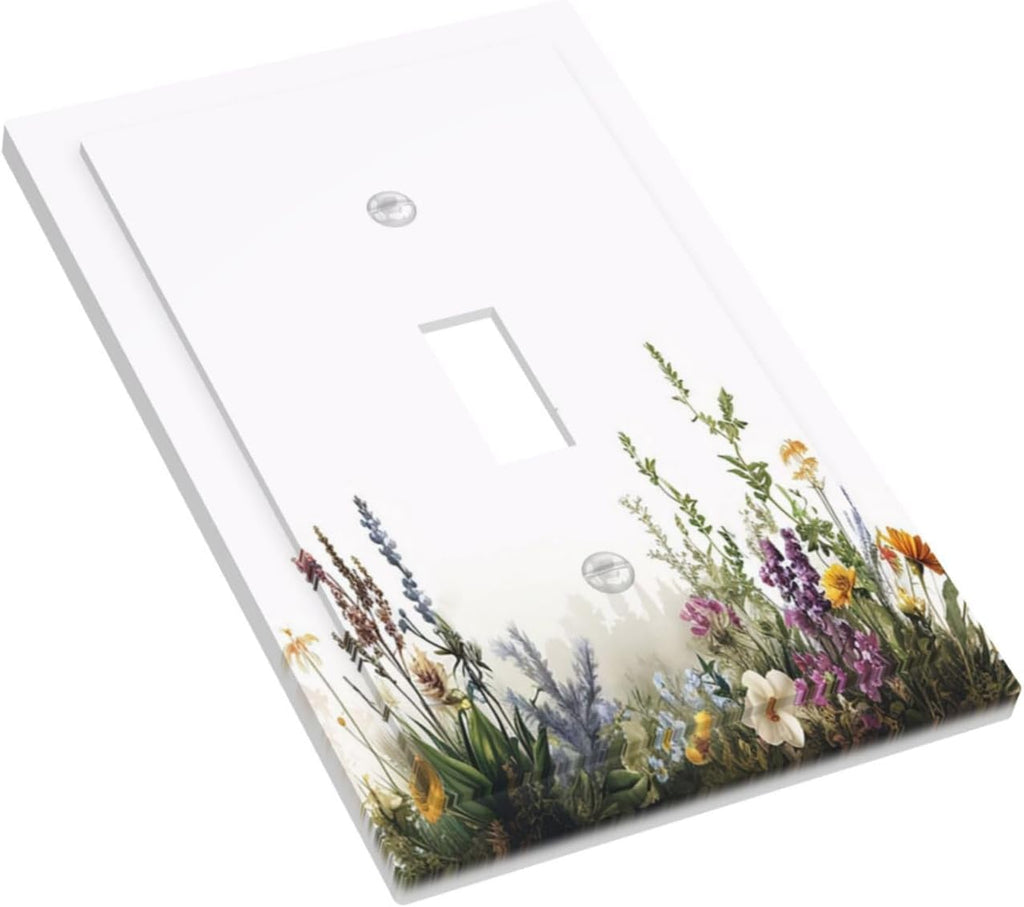 Decorative Light Switch Cover Plate White Background Colorful Flowers Plants Green Leaves 1 Gang Single Toggle Wall Plate Electrical Outlet Covers Decorate Switch Plate Cover for Bedroom Home Decor