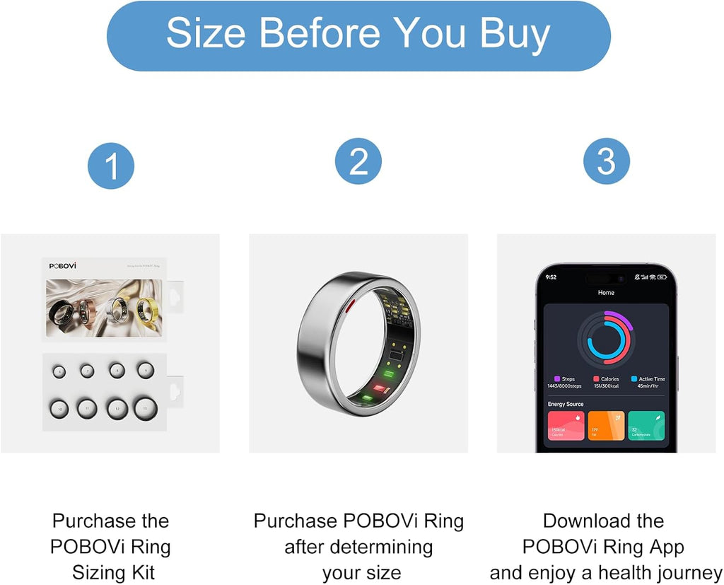 Smart Ring for Men/Women – Fitness Tracker with Sleep, HRV, Heart Rate, Blood Oxygen – IP68 Waterproof, No Subscription, iOS & Android – Sizing Kit for Accurate Fit (Includes Ring Sizer Only)