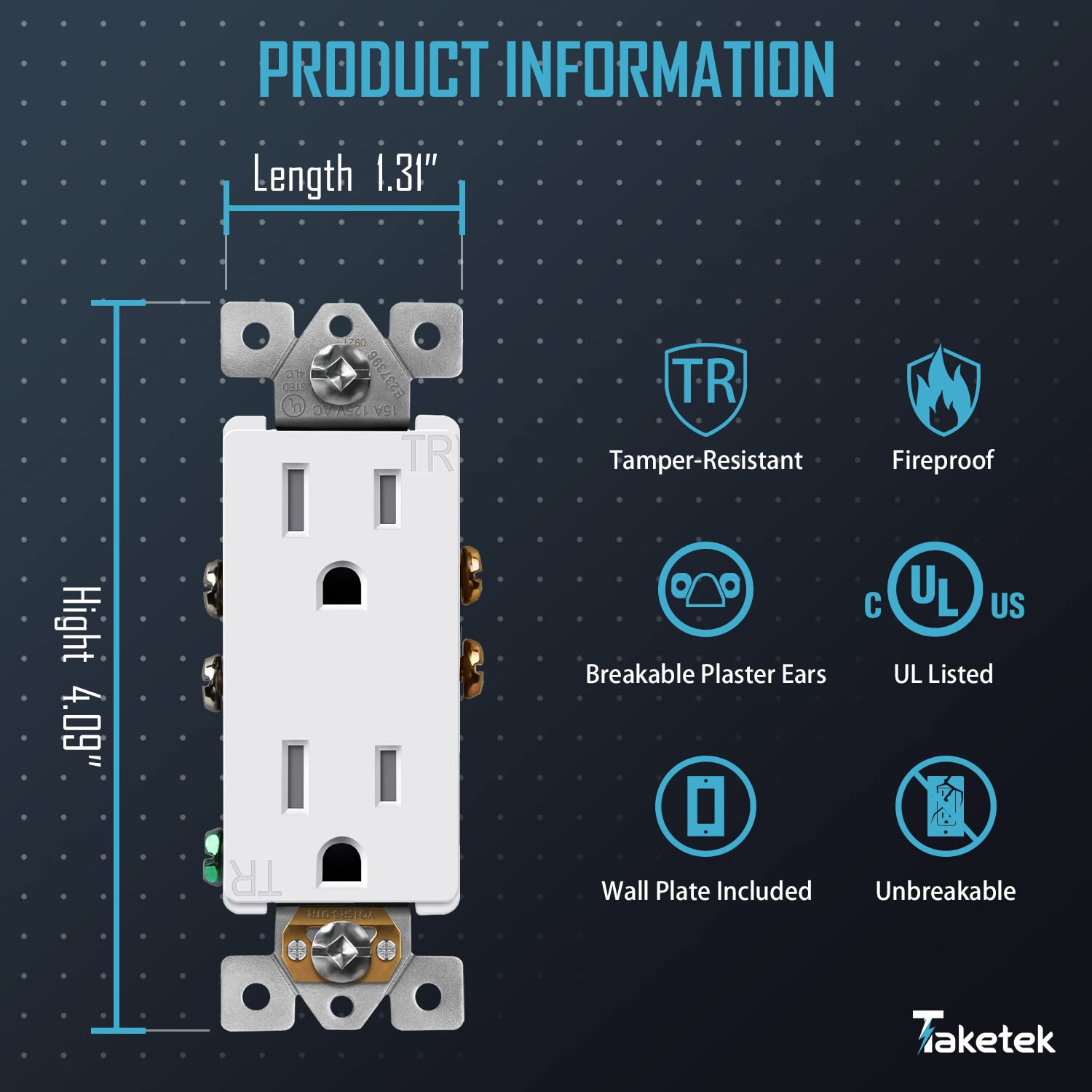 Decorator Receptacle Outlet with Wall Plate, Tamper-Resistant Electrical Outlet, Residential Grade, 3-Wire, 15A 125V, Self-Grounding, 2-Pole, UL Listed, White (10 Pack)