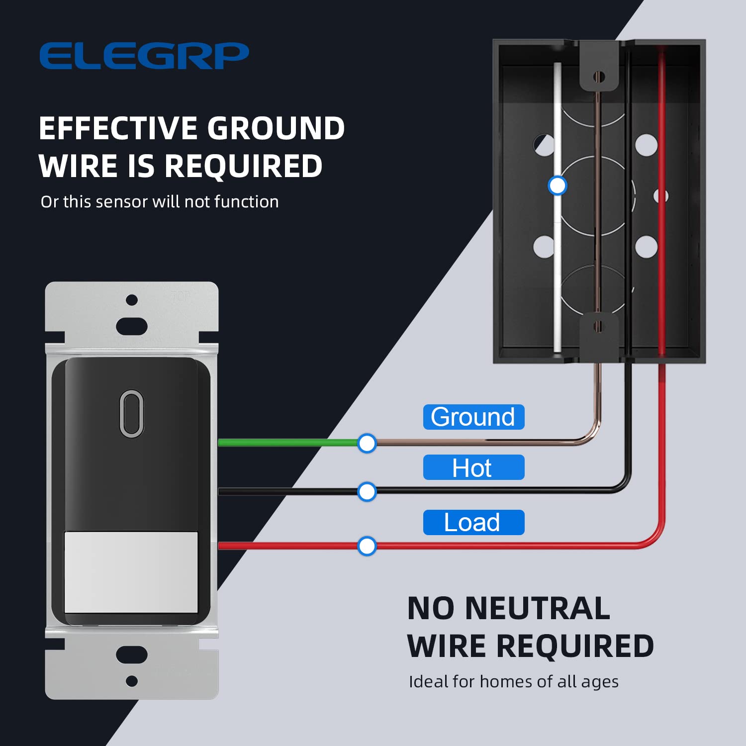ELEGRP Occupancy Motion Sensor Light Switch, PIR Infrared Motion Activated Wall Switch, No Neutral Wire, Single Pole for CFL/LED/Incandescent Bulb, Wall Plate Included, UL Listed (1 Pack, Matte Black)