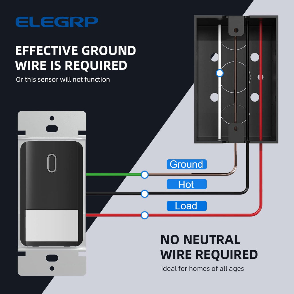 ELEGRP Occupancy Motion Sensor Light Switch, PIR Infrared Motion Activated Wall Switch, No Neutral Wire, Single Pole for CFL/LED/Incandescent Bulb, Wall Plate Included, UL Listed (6 Pack, Matte Black)