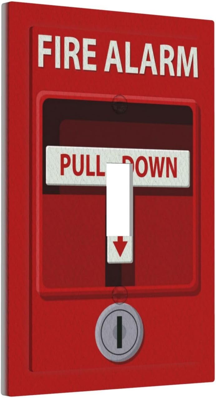 Decorative Light Switch Plate Covers Red Fire Alarm Novelty 1 Gang Wall Plate Single Toggle Switch Cover Plate Jumbo Electrical Switchplate Receptacle Faceplate for Bedroom Office Decor