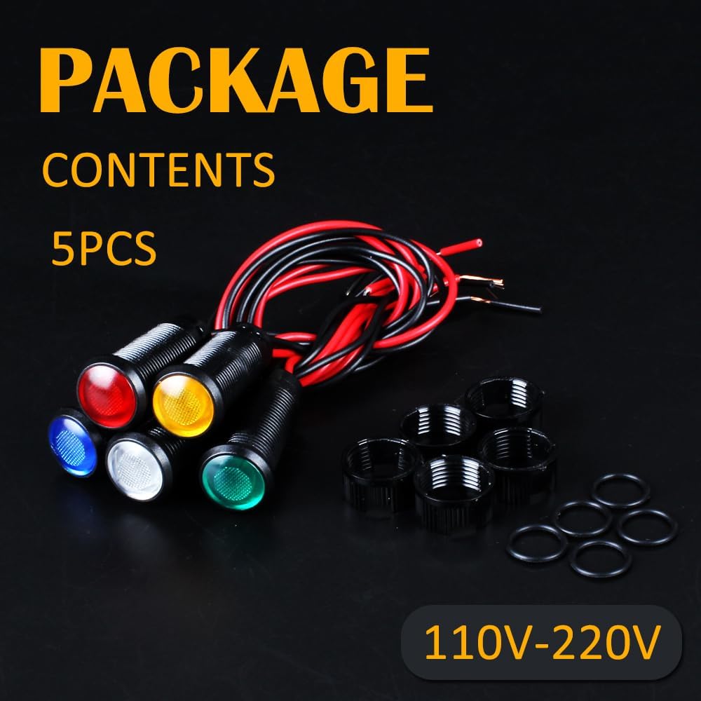 5pcs 10mm LED Indicator Light Plastic Black Signal Dot Lamp 110-220VAC 2/5" Mounting Hole Size with 15cm/5.9in. Wire (Mix:Red White Yellow Blue Green)