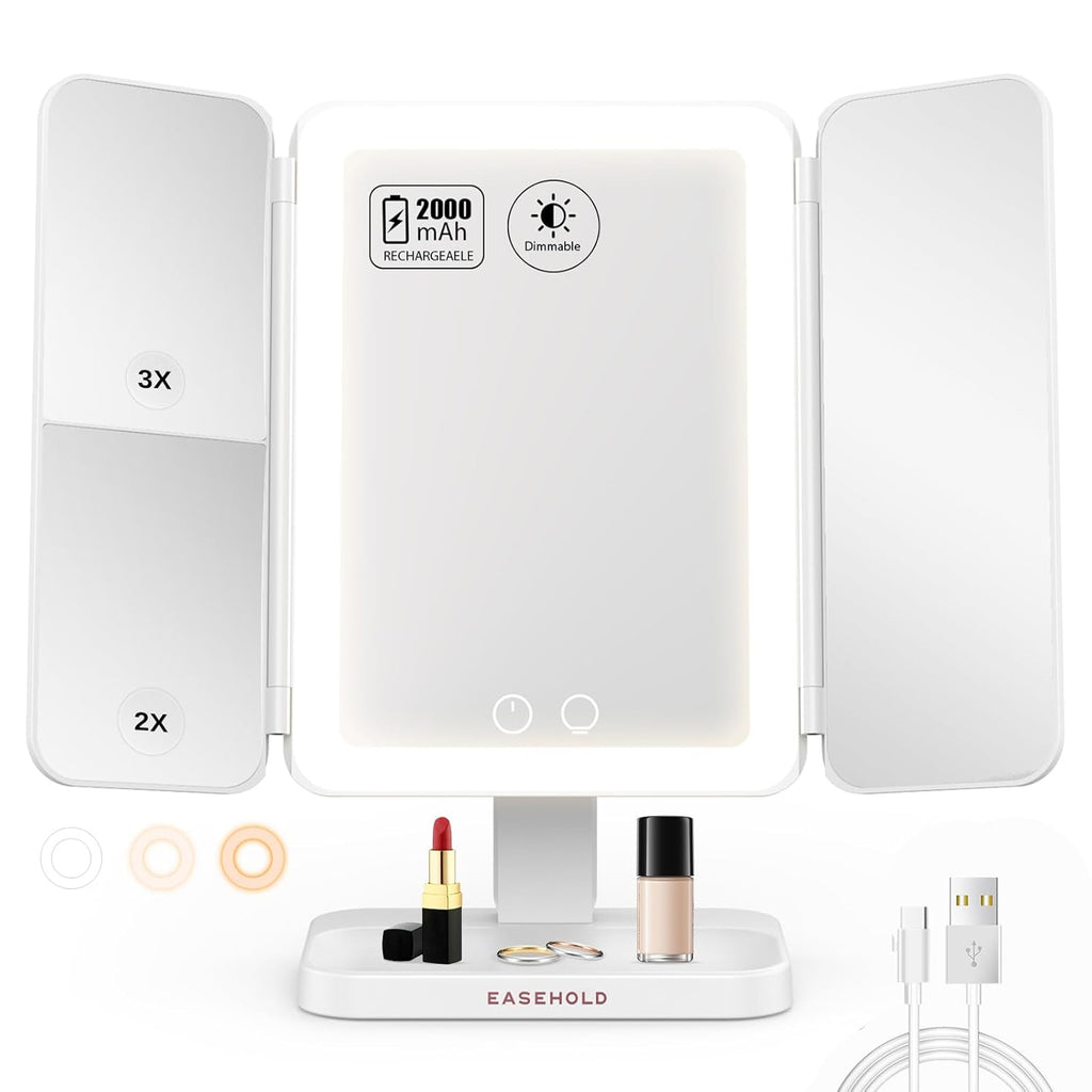 EASEHOLD Lighted Makeup Mirror with 3X Magnification, 3 Color Lights & Touch Sensor - Rechargeable Trifold Vanity Mirror for Travel, Desk, Home Use